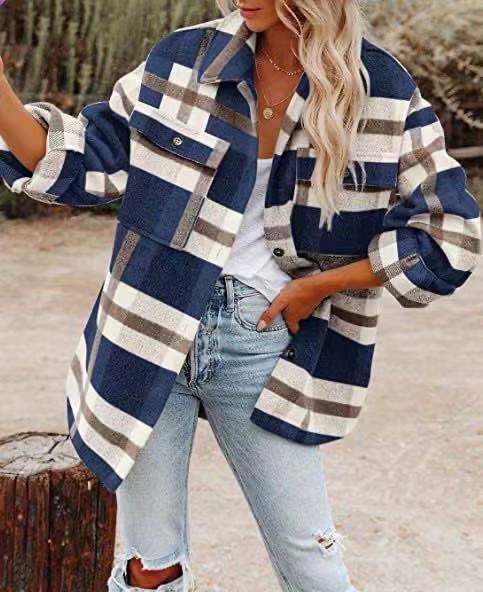 Women's Long Sleeve Button-Down Plaid Shirt Jacket Coat Top Outwear