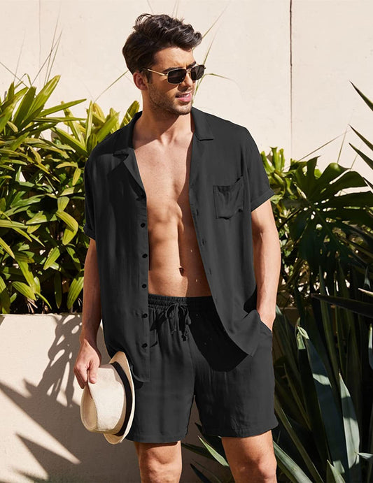 Men's Casual Shirt and Short 2-Piece Cotton Linen Suit Summer Set