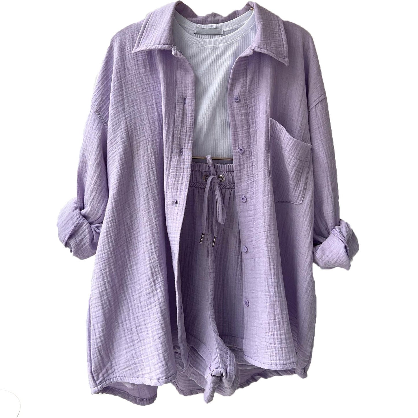 Women's Wrinkled Lapel Long-sleeved Shirt, High-waisted Drawstring Shorts Two-piece Set