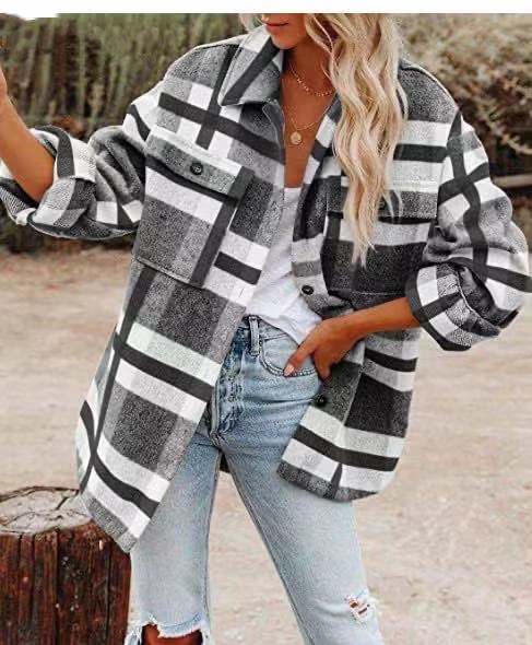 Women's Long Sleeve Button-Down Plaid Shirt Jacket Coat Top Outwear