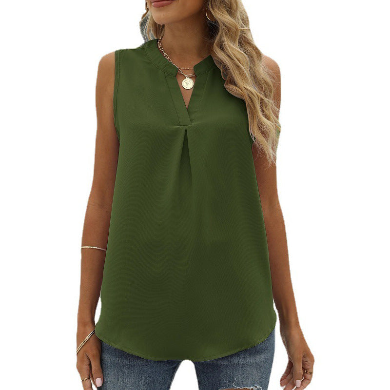 Women's Solid Color Chiffon Shirt Loose V-neck Pullover Sleeveless Top Vest