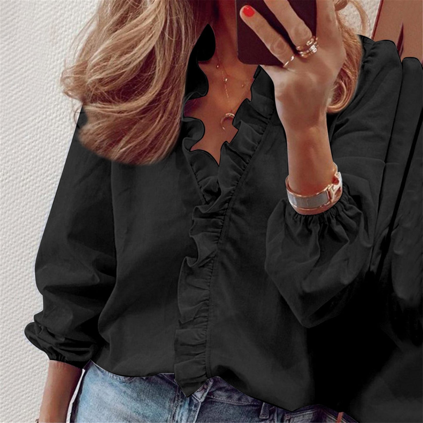 Spring Summer Long Sleeve Ruffle Blouse Women's Shirt