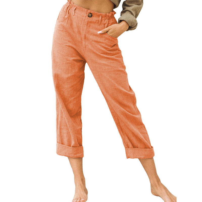 Women's High Waist Loose Casual Solid Color Cotton Linen Trousers