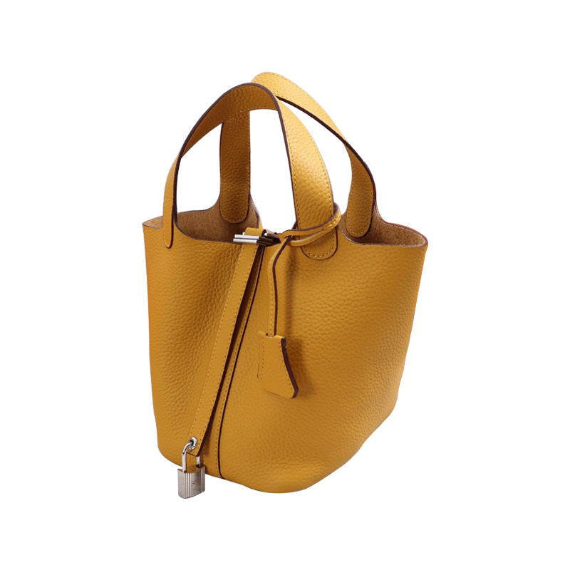 Genuine Leather Cowhide Hand-held Basket Bag for Women