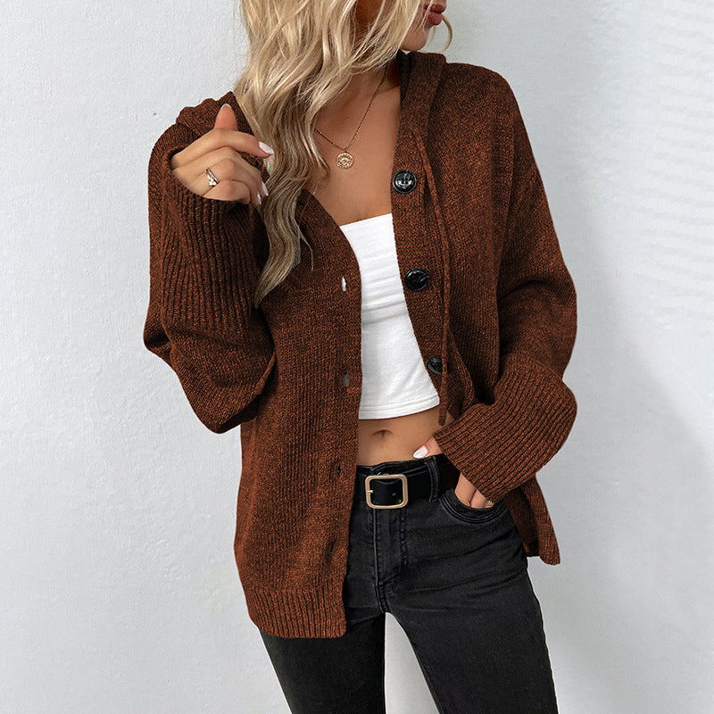 Women‘s Solid Color Hooded Single-breasted Sweater Drawstring Knitted Cardigan Jacket