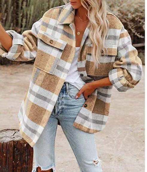 Women's Long Sleeve Button-Down Plaid Shirt Jacket Coat Top Outwear