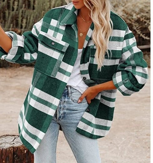 Women's Long Sleeve Button-Down Plaid Shirt Jacket Coat Top Outwear