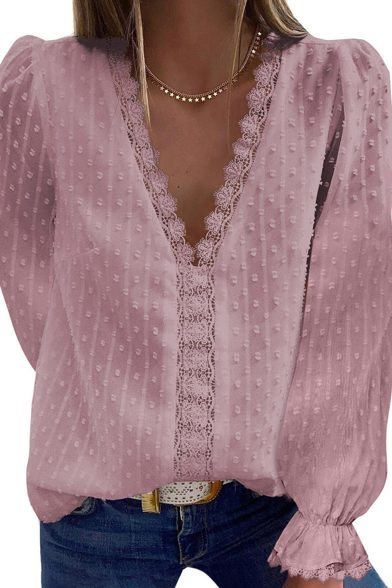 Women's Solid Color V-neck Embroidered Lace Long-sleeved Chiffon Shirt