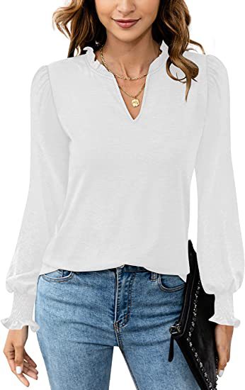 Women's V-neck Casual Long-sleeved T-shirt Pleated Puff Sleeve