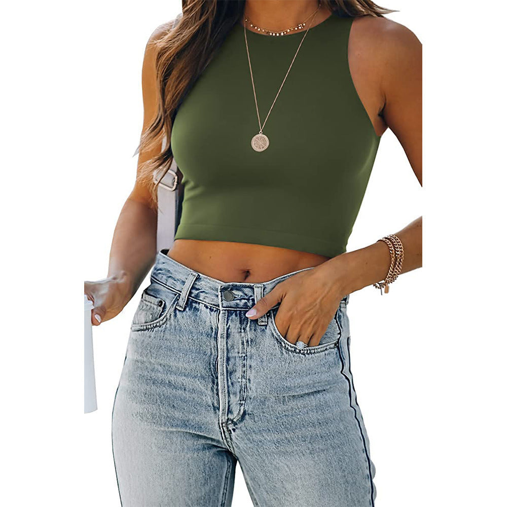 Women's Summer Solid Color Sleeveless Round Neck Racer Vest T-shirt Lady's Clothing