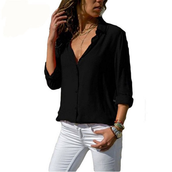 Women's Plus Size Fashion Blouse Shirt. Long Sleeve V-Neck Button Loose Casual Top