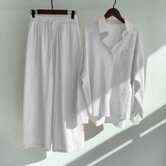 Ladies 2-Piece Vintage Cotton Linen Shirt Set High Waist Loose Trousers S - XL Women Set