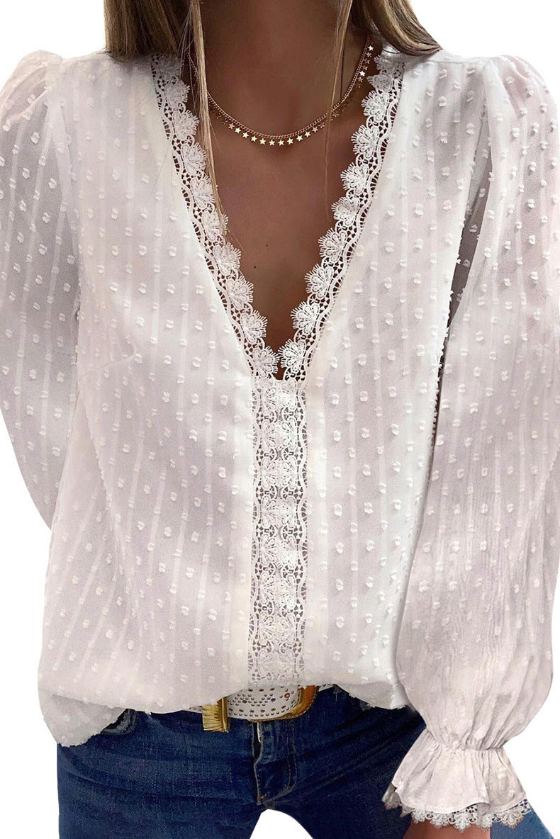 Women's Solid Color V-neck Embroidered Lace Long-sleeved Chiffon Shirt