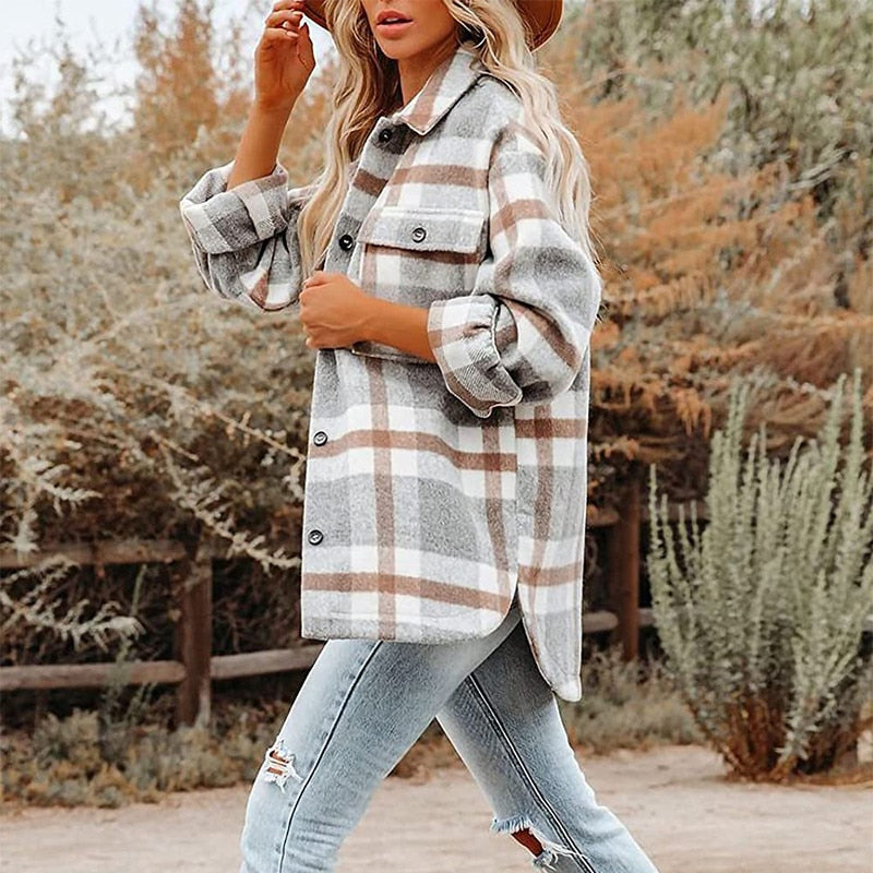 Women's Long Sleeve Button-Down Plaid Shirt Jacket Coat Top Outwear