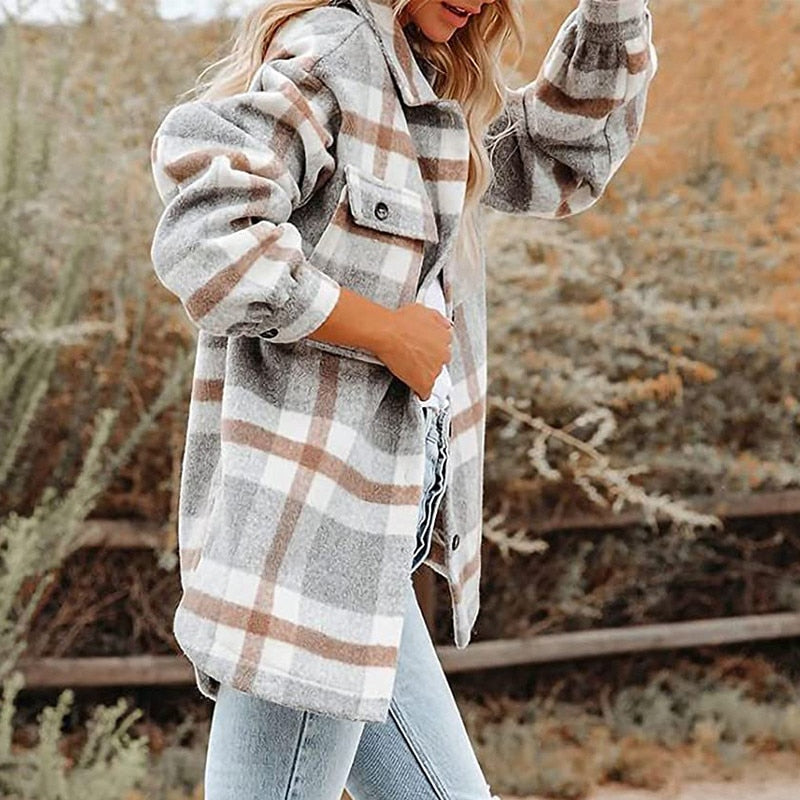 Women's Long Sleeve Button-Down Plaid Shirt Jacket Coat Top Outwear