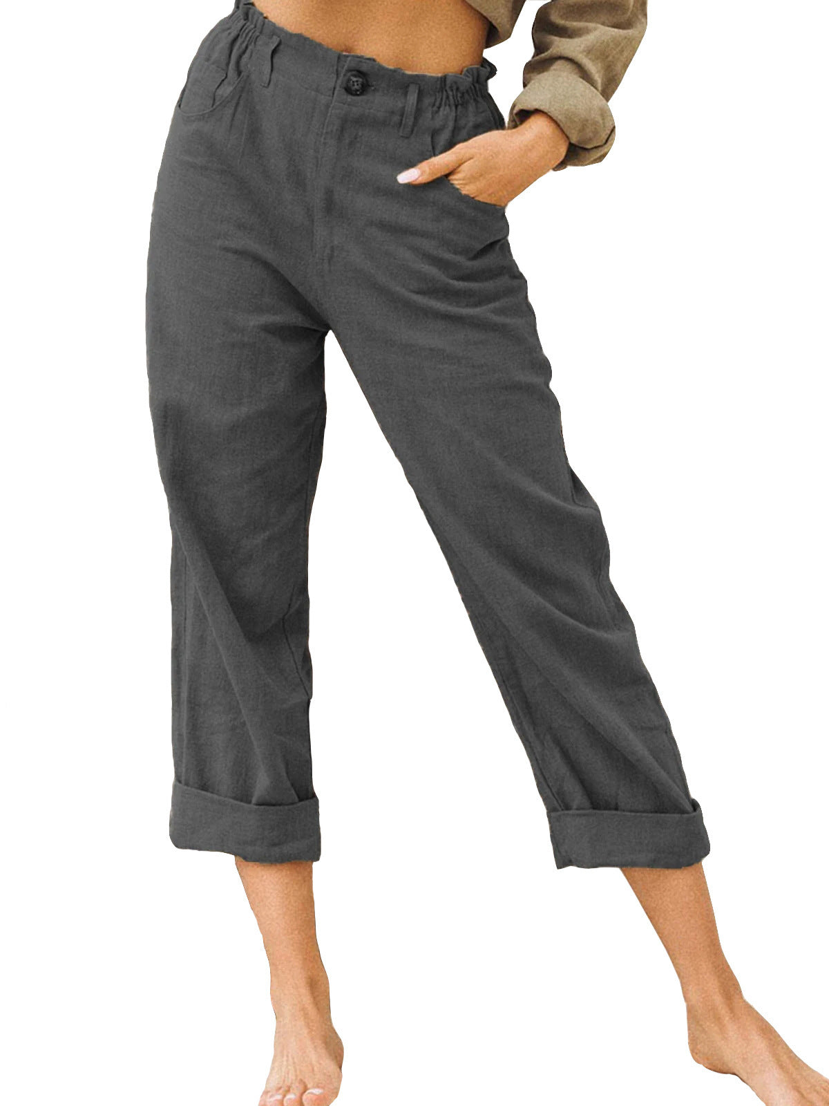 Women's High Waist Loose Casual Solid Color Cotton Linen Trousers