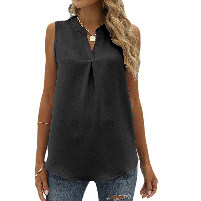 Women's Solid Color Chiffon Shirt Loose V-neck Pullover Sleeveless Top Vest