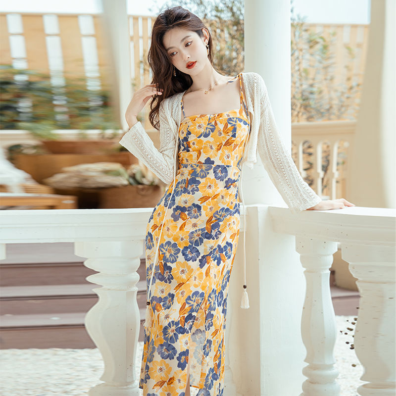 Oil Painting Retro Style High Waist Suspender Dress Mid-length Skirt