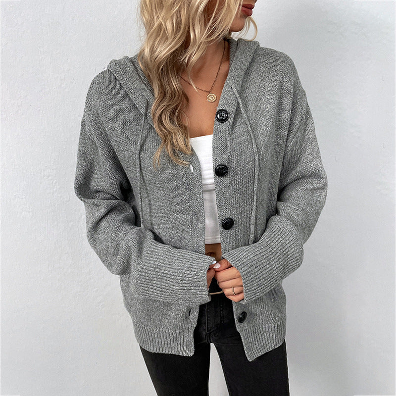 Women‘s Solid Color Hooded Single-breasted Sweater Drawstring Knitted Cardigan Jacket