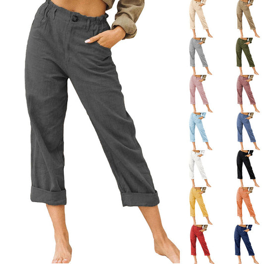 Women's High Waist Loose Casual Solid Color Cotton Linen Trousers