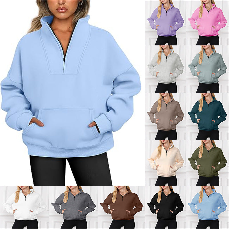 Women's Stand Collar Sweater Pocket Zipper Solid Color Casual Loose Fleece Top