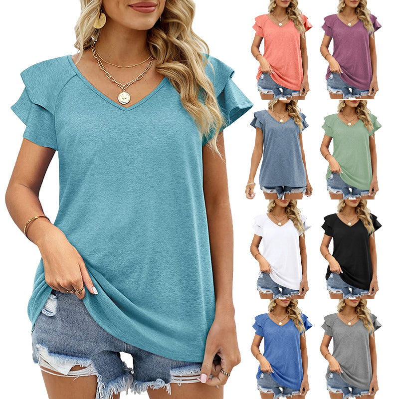 Women's Summer Solid Color V-neck Double Layer Ruffled Sleeve Loose Top T-shirt