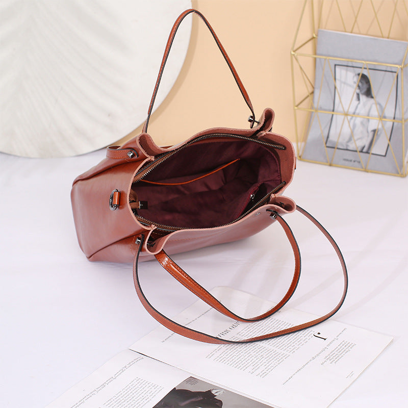 Hand-held One-shoulder Cross-body Waxed Genuine Cowhide Women's Bag