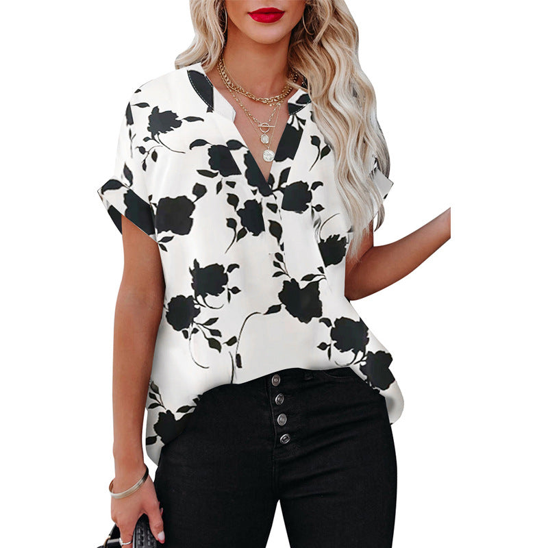 Women's Summer Floral Print Short-sleeved Shirt Lady's Loose V-neck Top