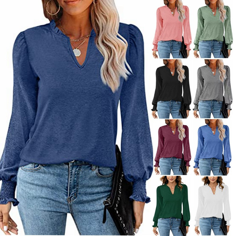 Women's V-neck Casual Long-sleeved T-shirt Pleated Puff Sleeve