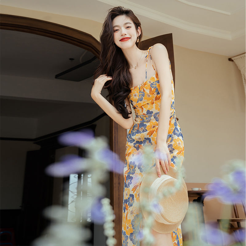 Oil Painting Retro Style High Waist Suspender Dress Mid-length Skirt