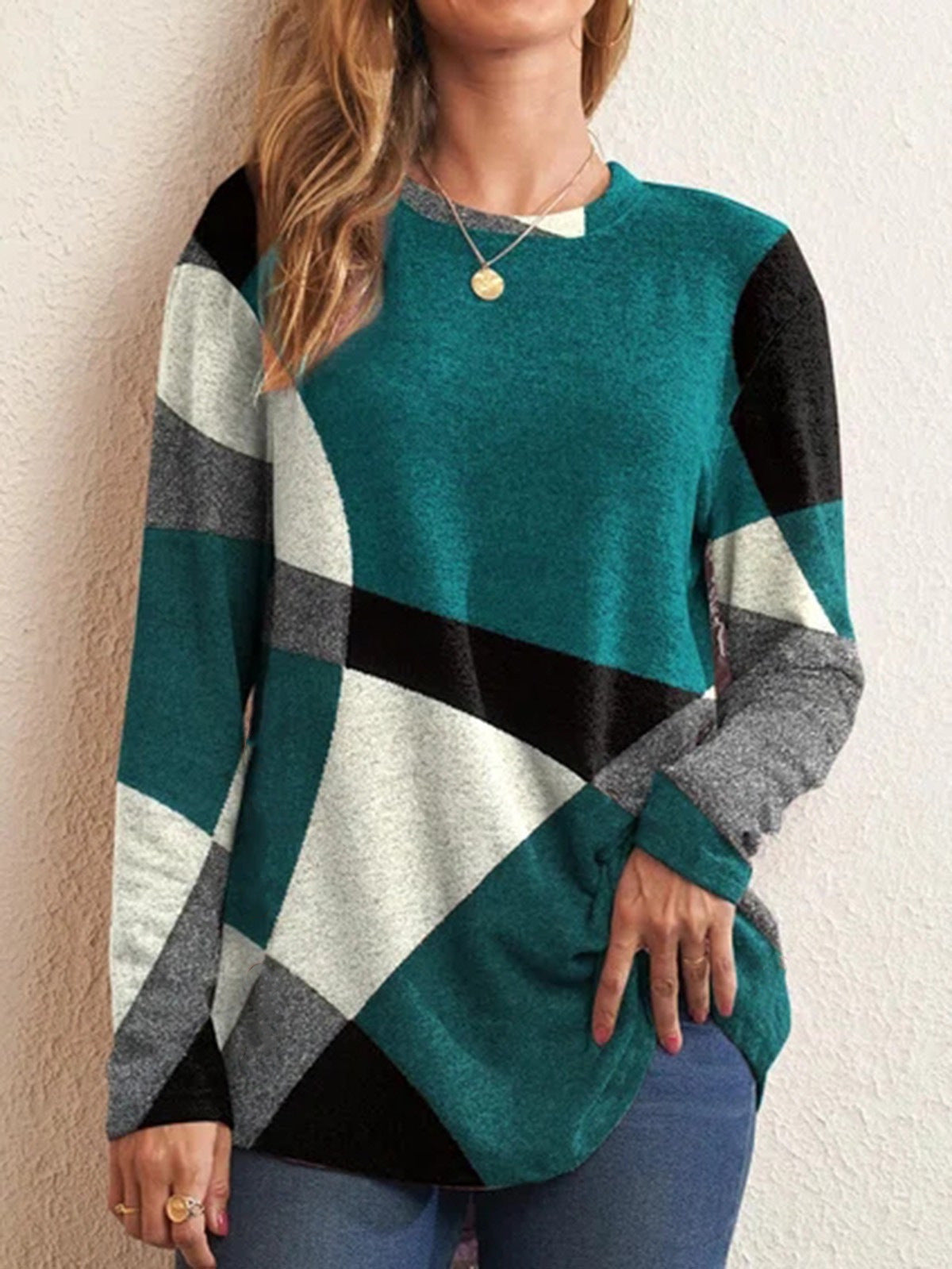 Geometric Multicolor Long Sleeve Printed Loose T-Shirt Women's Tops