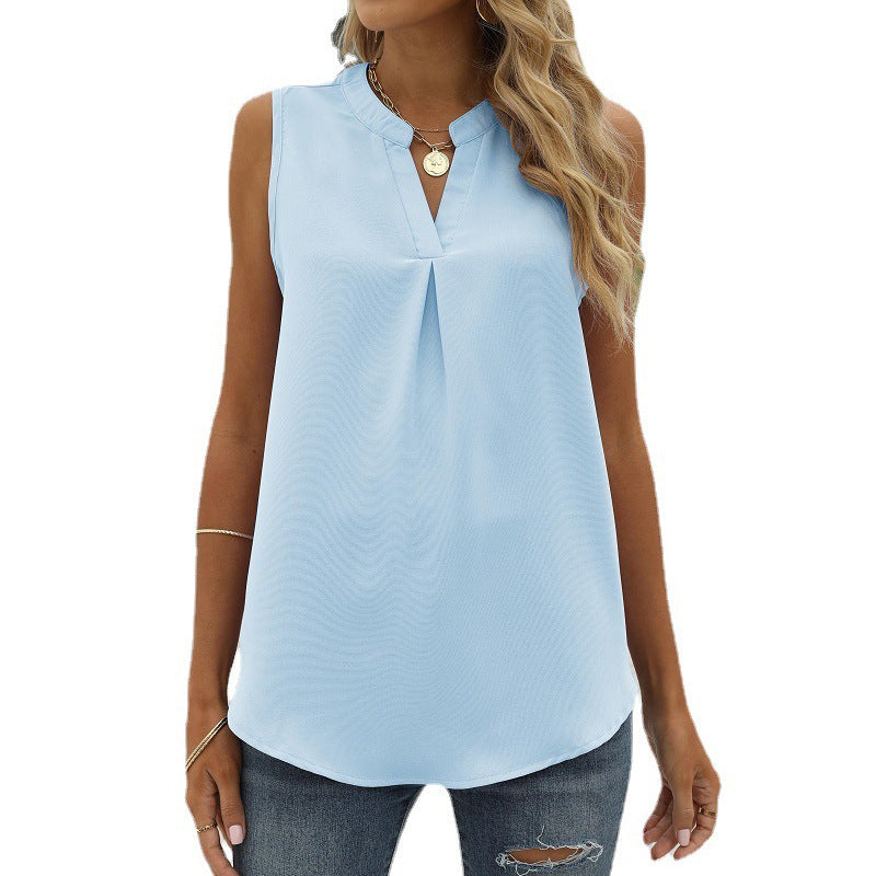 Women's Solid Color Chiffon Shirt Loose V-neck Pullover Sleeveless Top Vest