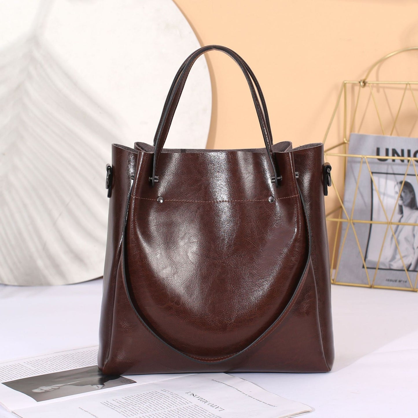 Hand-held One-shoulder Cross-body Waxed Genuine Cowhide Women's Bag