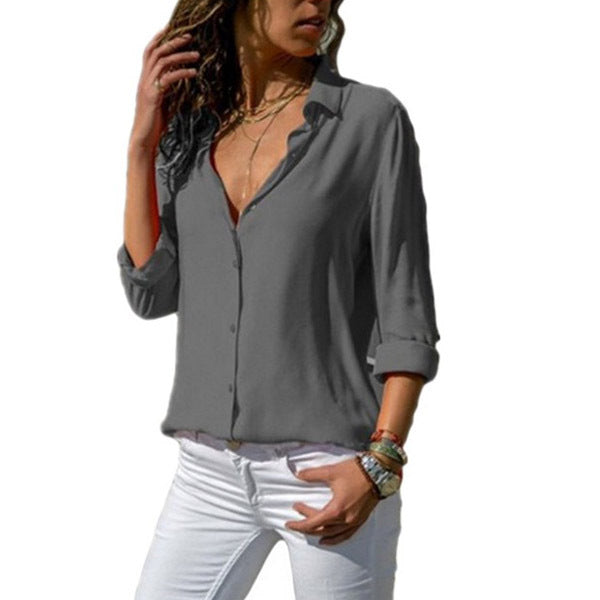 Women's Plus Size Fashion Blouse Shirt. Long Sleeve V-Neck Button Loose Casual Top