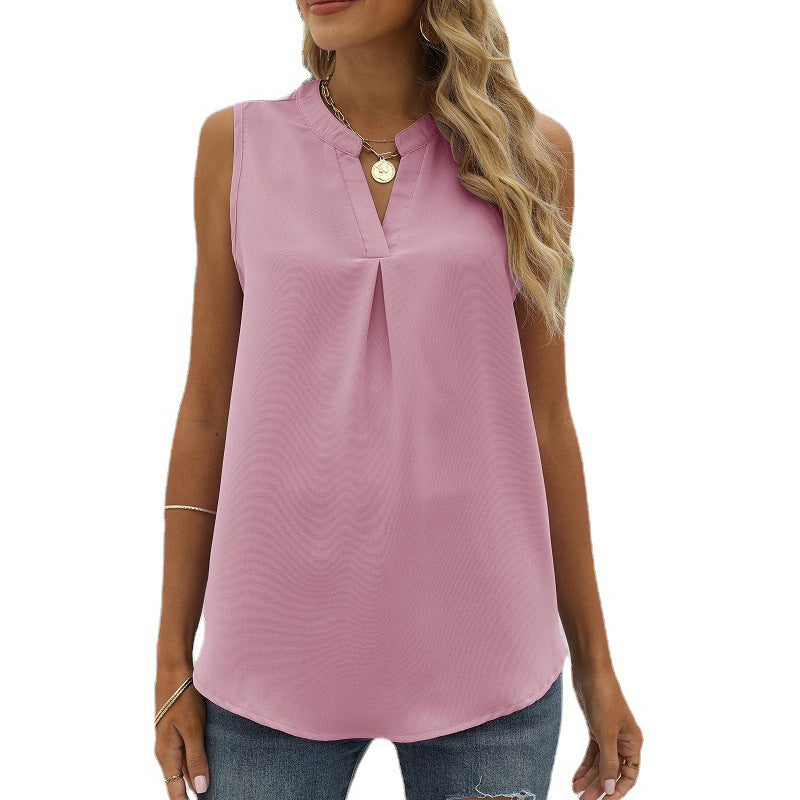 Women's Solid Color Chiffon Shirt Loose V-neck Pullover Sleeveless Top Vest