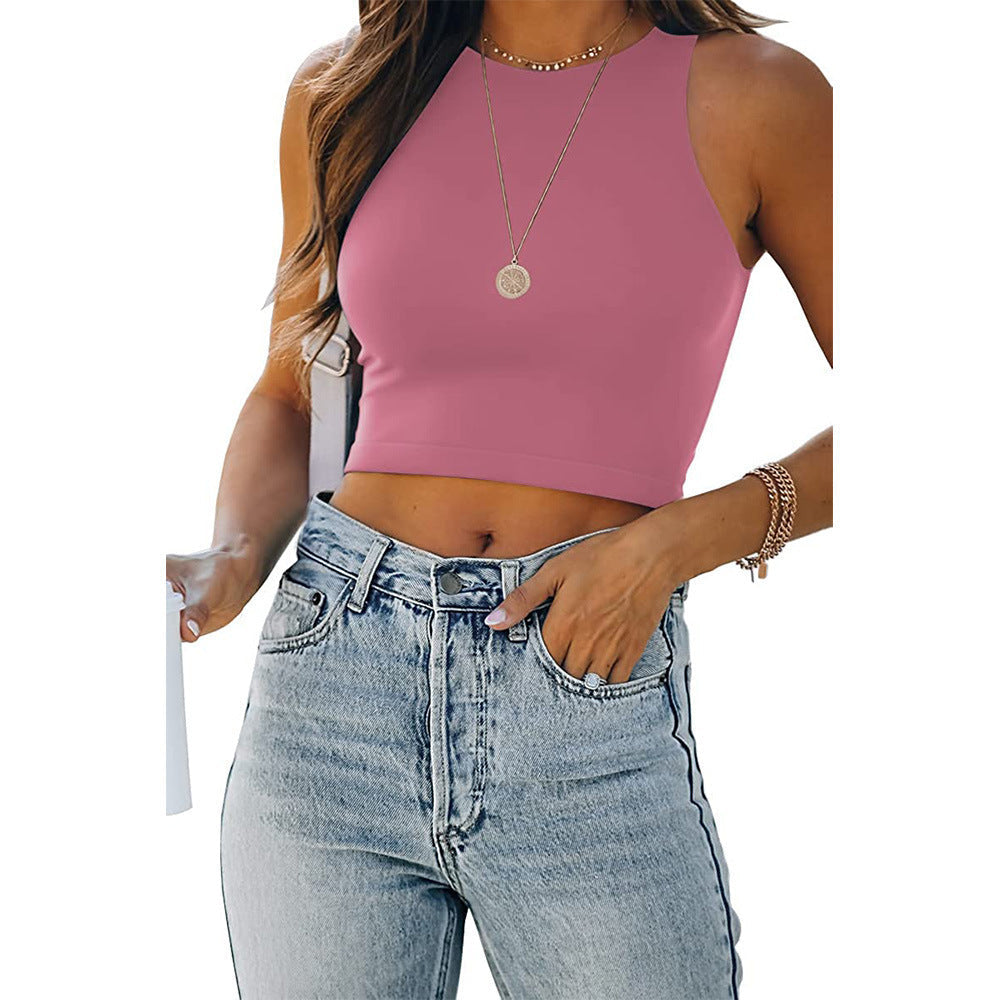 Women's Summer Solid Color Sleeveless Round Neck Racer Vest T-shirt Lady's Clothing