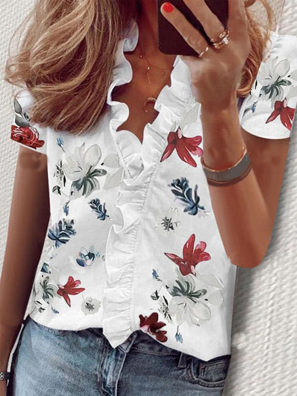 Spring Summer Short Sleeve Ruffle Blouse Women's Shirt