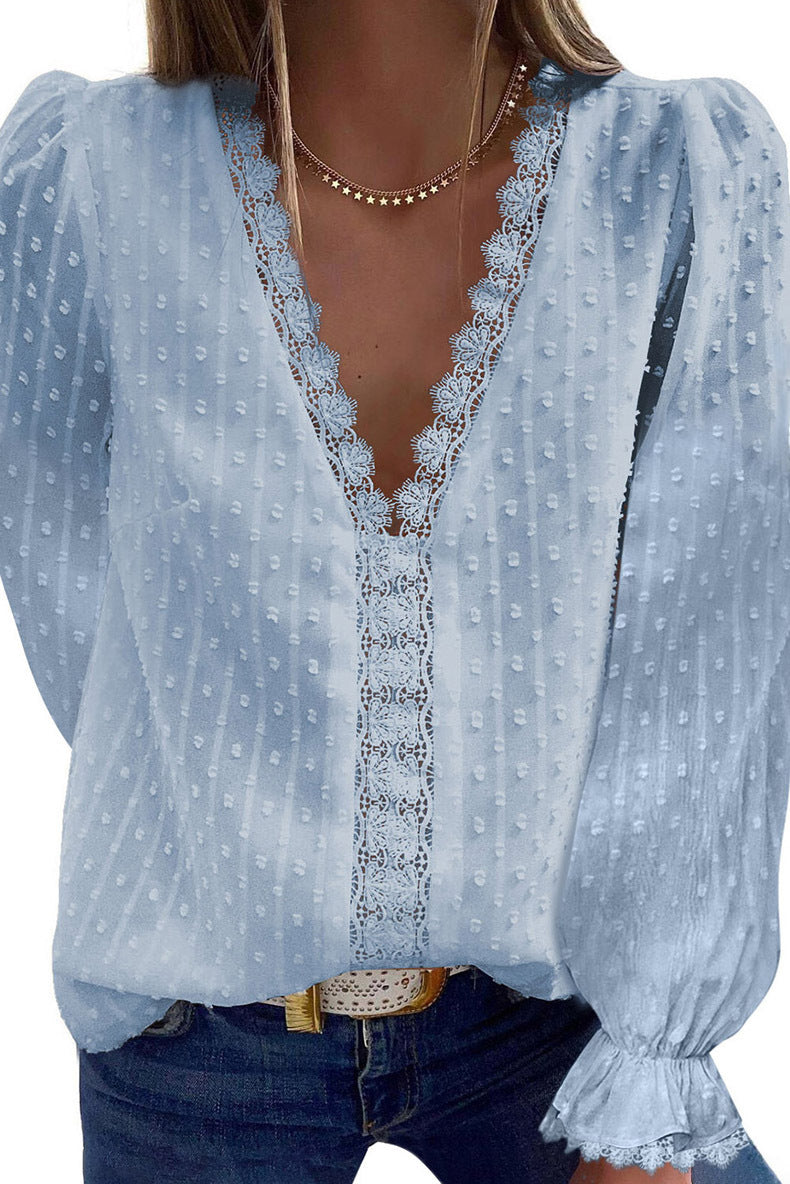 Women's Solid Color V-neck Embroidered Lace Long-sleeved Chiffon Shirt