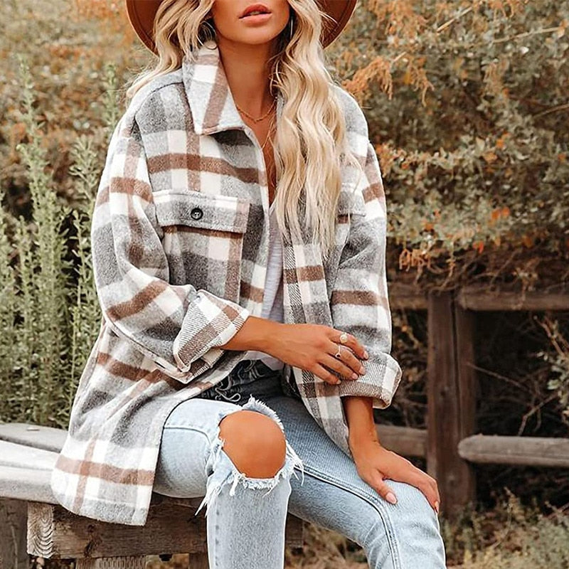 Women's Long Sleeve Button-Down Plaid Shirt Jacket Coat Top Outwear