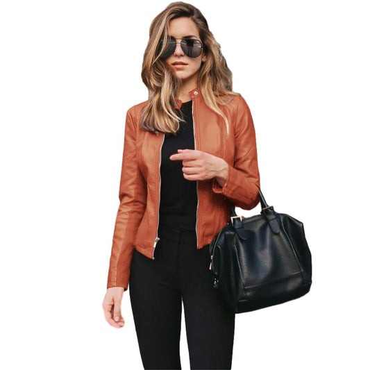 Women PU Leather Coat Short Thin Jacket. Zipper Outwear Outfit Spring Autumn Fashion