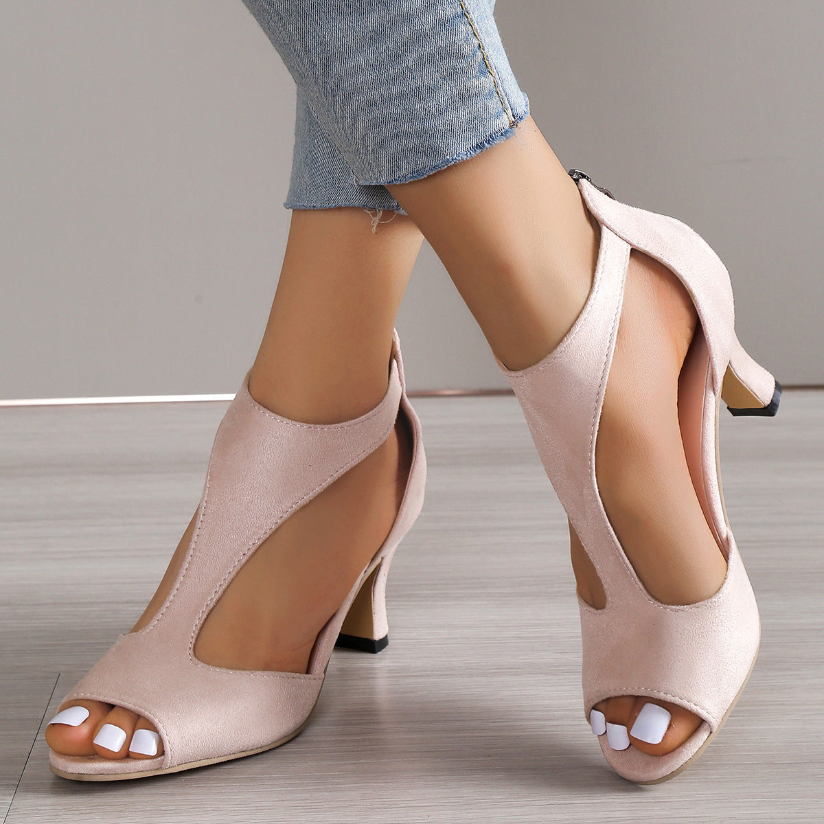 Back Zipper Side Hollow Stiletto Heel Roman Sandals for Women