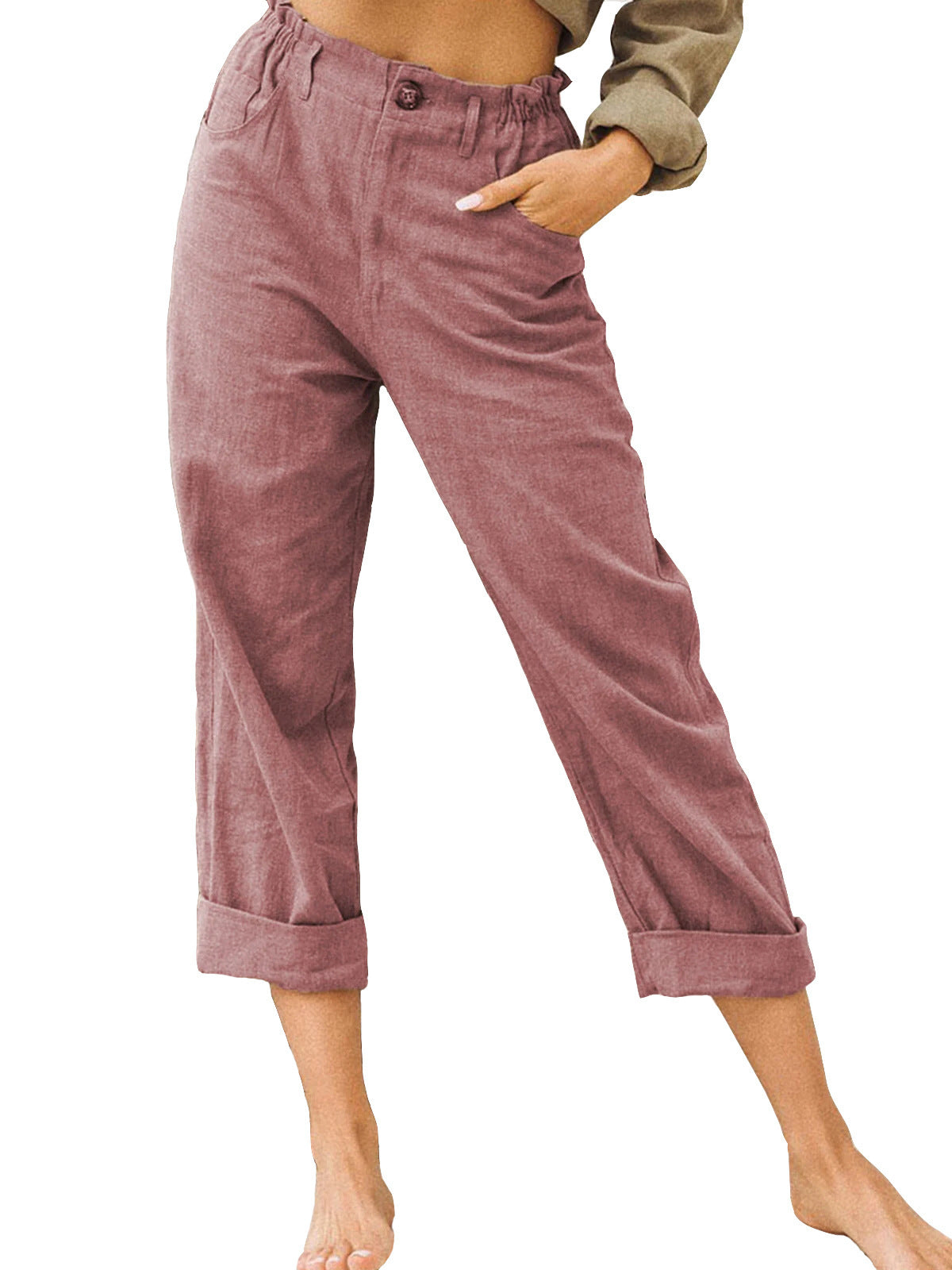 Women's High Waist Loose Casual Solid Color Cotton Linen Trousers