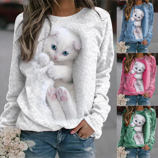 Cat Animal Pattern Print Long Sleeve Short Sleeve Round Neck Loose Sweater