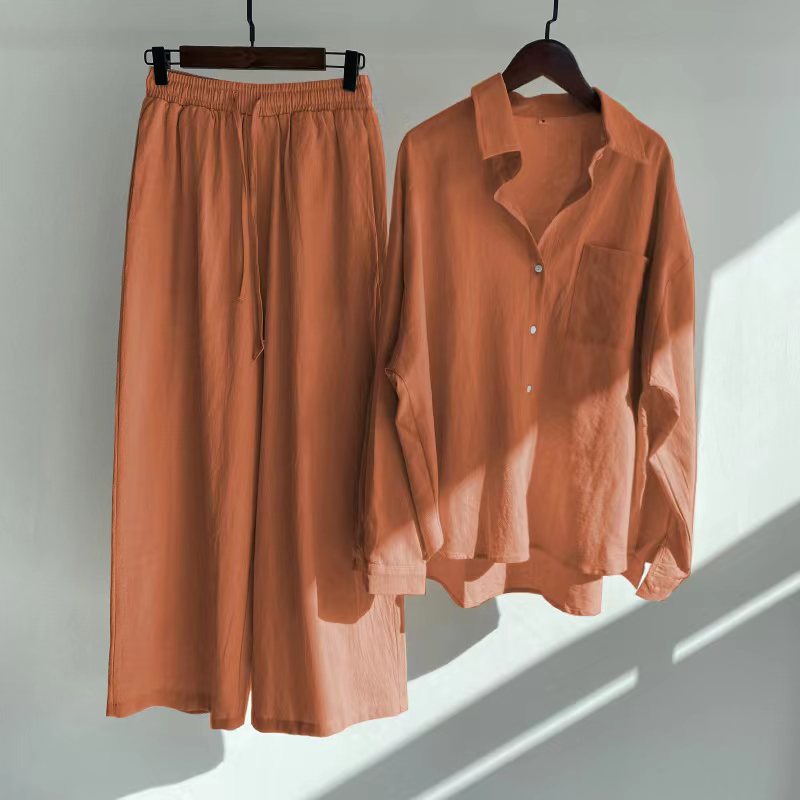 Ladies 2-Piece Vintage Cotton Linen Shirt Set High Waist Loose Trousers S - XL Women Set