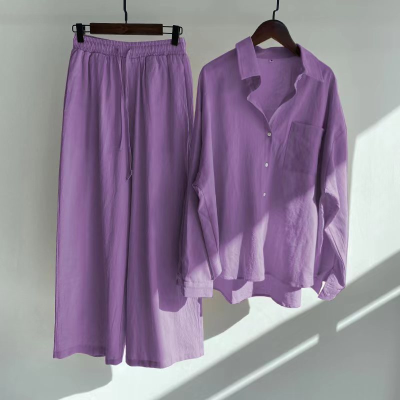 Ladies 2-Piece Vintage Cotton Linen Shirt Set High Waist Loose Trousers S - XL Women Set