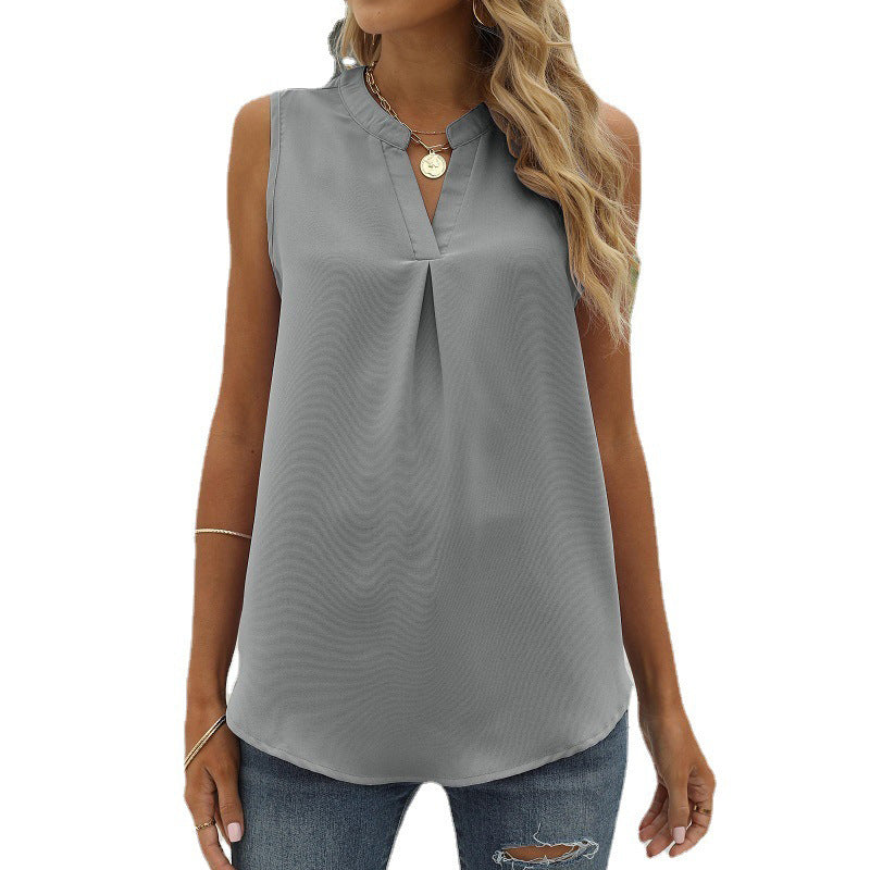 Women's Solid Color Chiffon Shirt Loose V-neck Pullover Sleeveless Top Vest