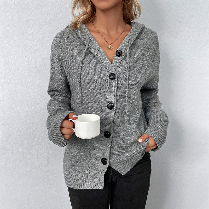 Women‘s Solid Color Hooded Single-breasted Sweater Drawstring Knitted Cardigan Jacket