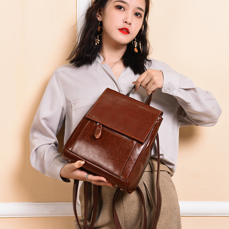 Retro Style Large Capacity Genuine Leather Women's Bag Backpack