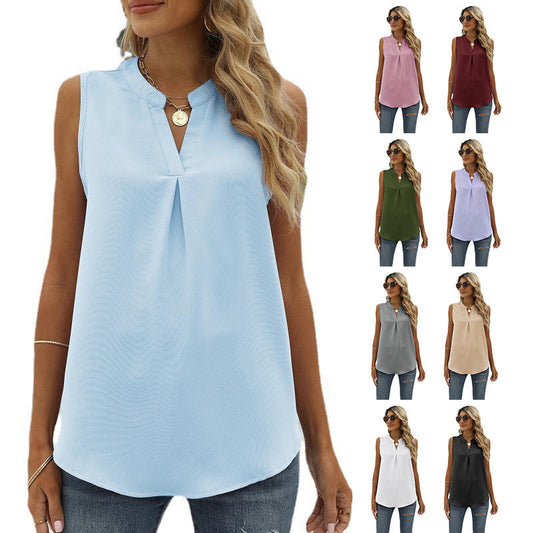 Women's Solid Color Chiffon Shirt Loose V-neck Pullover Sleeveless Top Vest