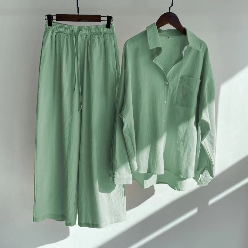 Ladies 2-Piece Vintage Cotton Linen Shirt Set High Waist Loose Trousers S - XL Women Set